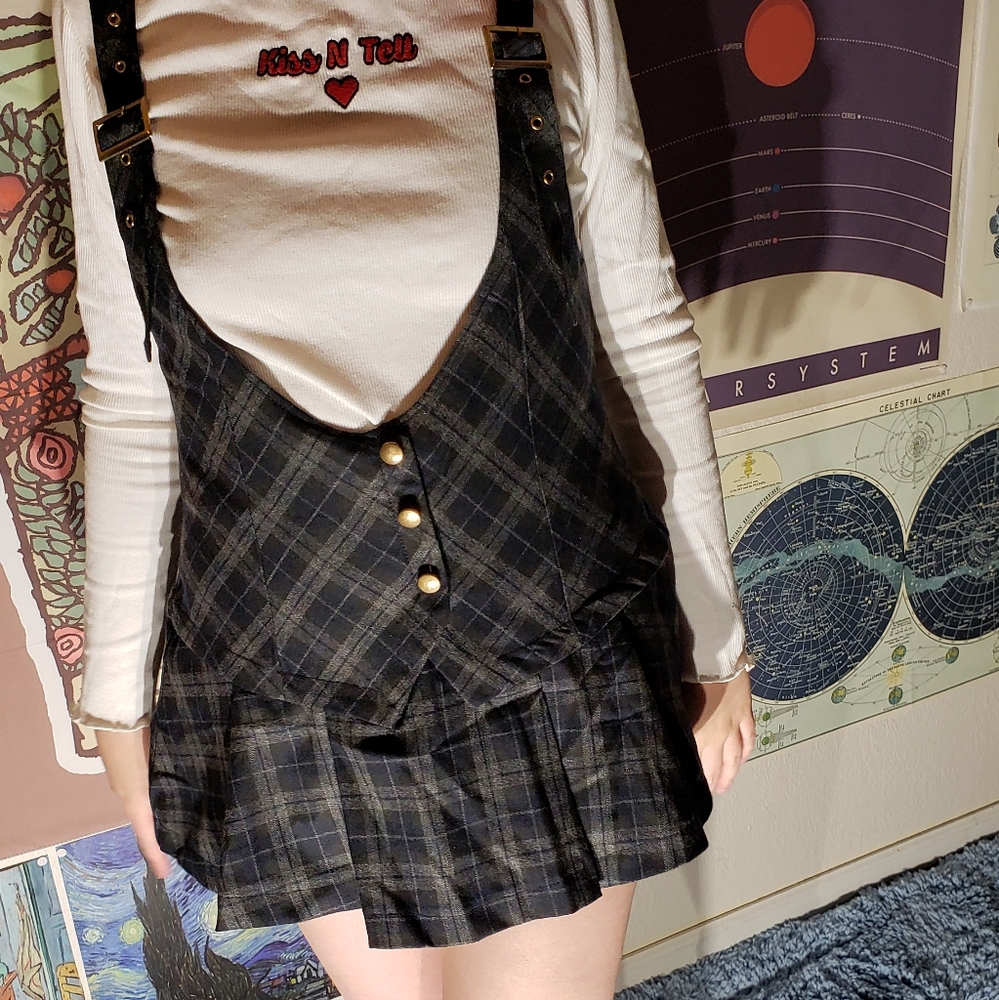 Gothic Loli Plaid Overall Suspender Skort Dress